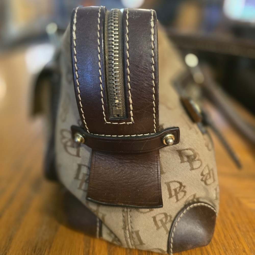 Dooney & Bourke Double Pocket w/ Locks Leather / Signature Canvas Satchel Purse - Picture 4 of 10